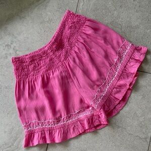 Haven Girl  Pink Smocked Waist Ruffle Hem Shorts with White Embroidery sz 10